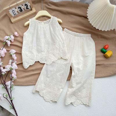 Mädchen Sommer Koreanischer Stil Set für Kleinkinder In Spitze Ärmelloses Unterhemd + Weitbeinige Hose Atmungsaktiv Bequem Freizeit Zweiteiliges Set