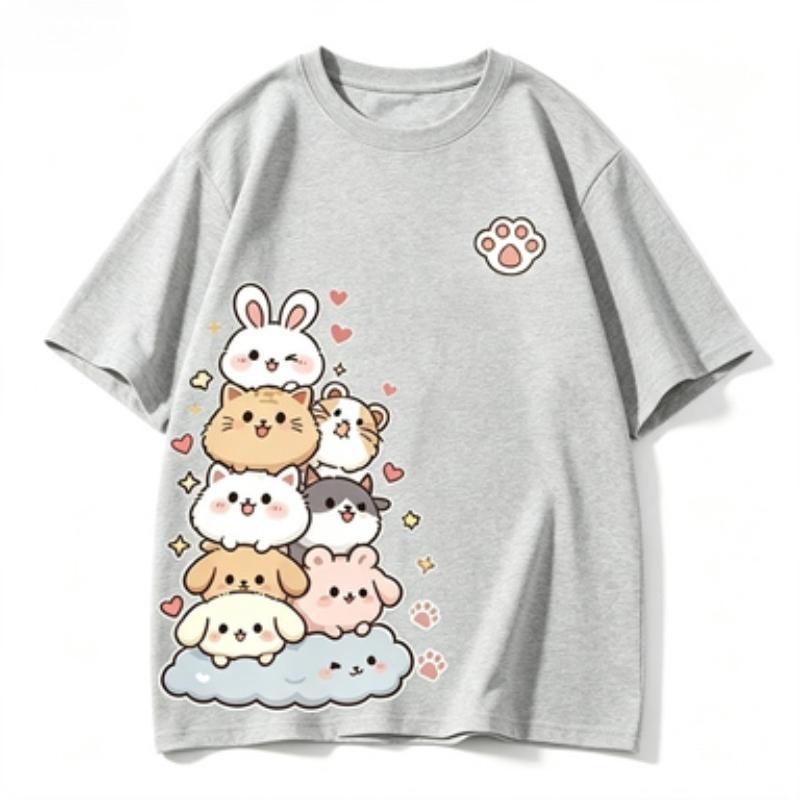 Kawaii Pet Club Graphic Tshirt Unisex Cute Rabbit Cat Dog Print O Neck Short Sleeve Tee Casual Loose Summer Streetwear Tops