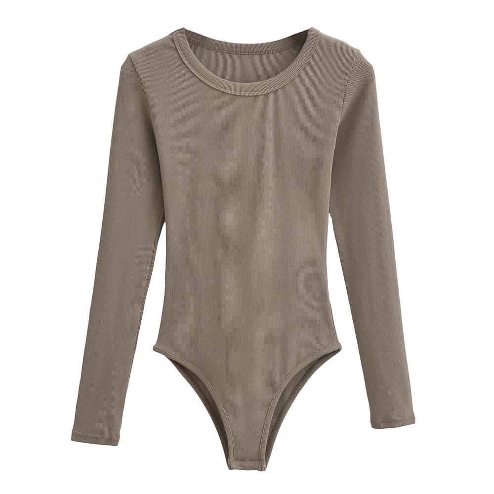 YPFF Trendy Women's Solid Color Slim Fit Round Neck Long Sleeve Bodysuit