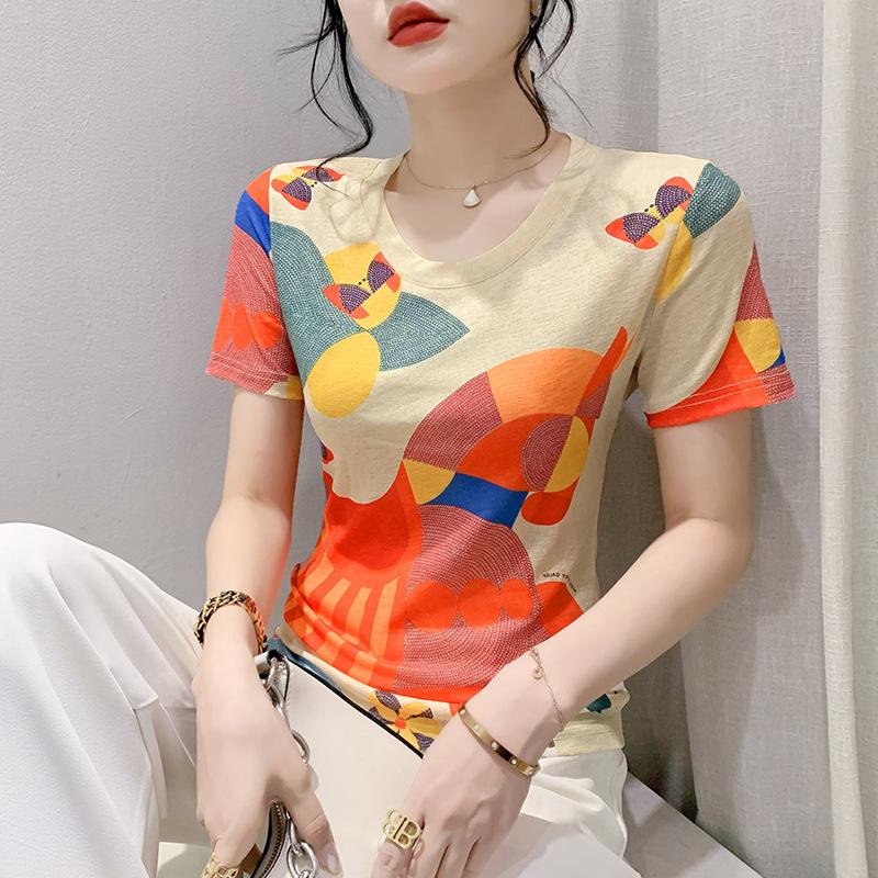 Qooth Women S-3XL Size Short Sleeved Printed Animal Shirt Temperament Fashion Slim Round Neck Pullovers Top QT2190