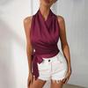 Top da Donna Primavera Estate in Raso con Scollo all'Americana Sexy Incrociato con Laccio Laterale Senza Maniche Corto Elegante per Festa e Lavoro