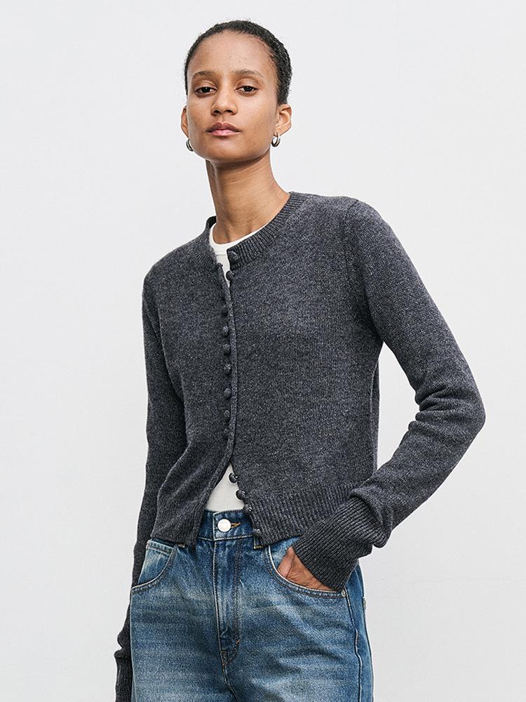 Women's Fashionable Multi-Button Cashmere Wool Knit Cardigan with Layered Crew Neck