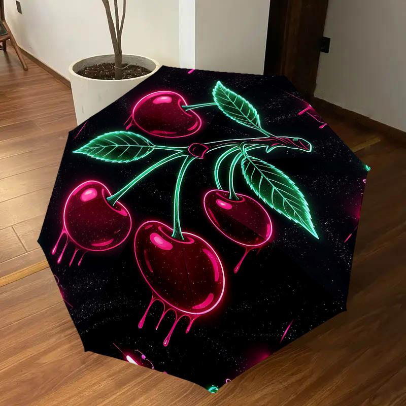 1pc Cherries Neon Automatic Open/Close Umbrella Compact Folding Umbrella with 8-Rib Shaft for Women/Men, Elegant Birthday1180S