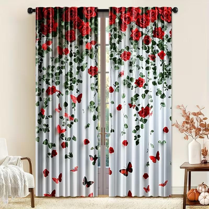 2PC White Red Rose Vine Sheer Curtains - Romantic Floral Butterfly Print Window Drapes for Bedroom Living Room Decor