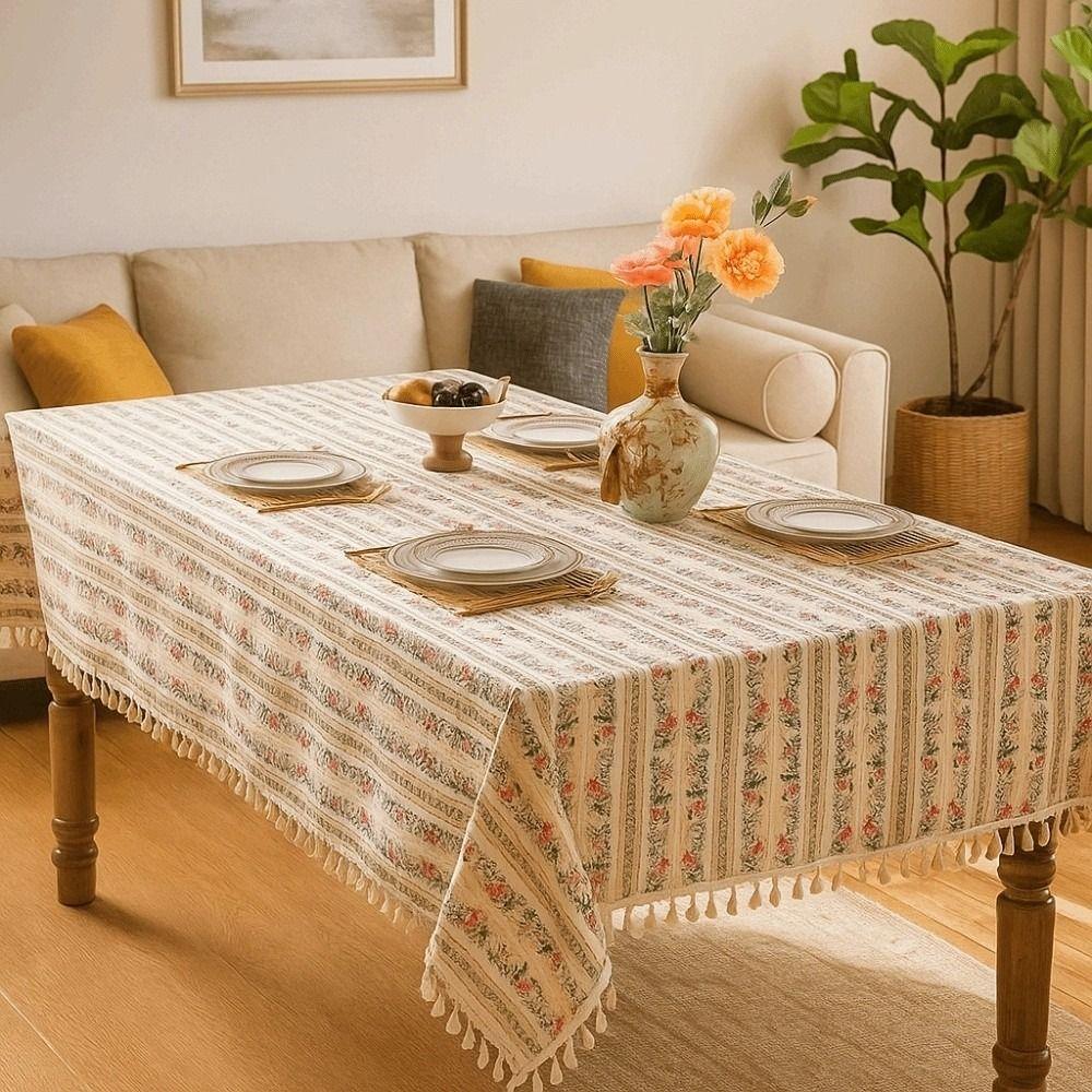 Rectangular Printed Tassels Tablecloth Smooth Party Supply Table Cover Cloth Anti-Slip Wear-resistant Desk Protection Cover