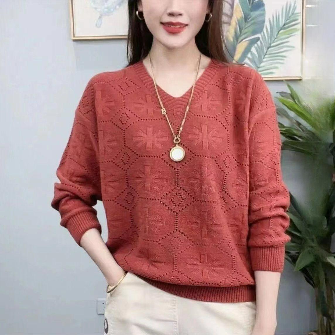 

Модная блузка-свитер в западном стиле с V-образным вырезом, ажурная, тонкая, с темпераментом, универсальная, с длинным рукавом, осенняя