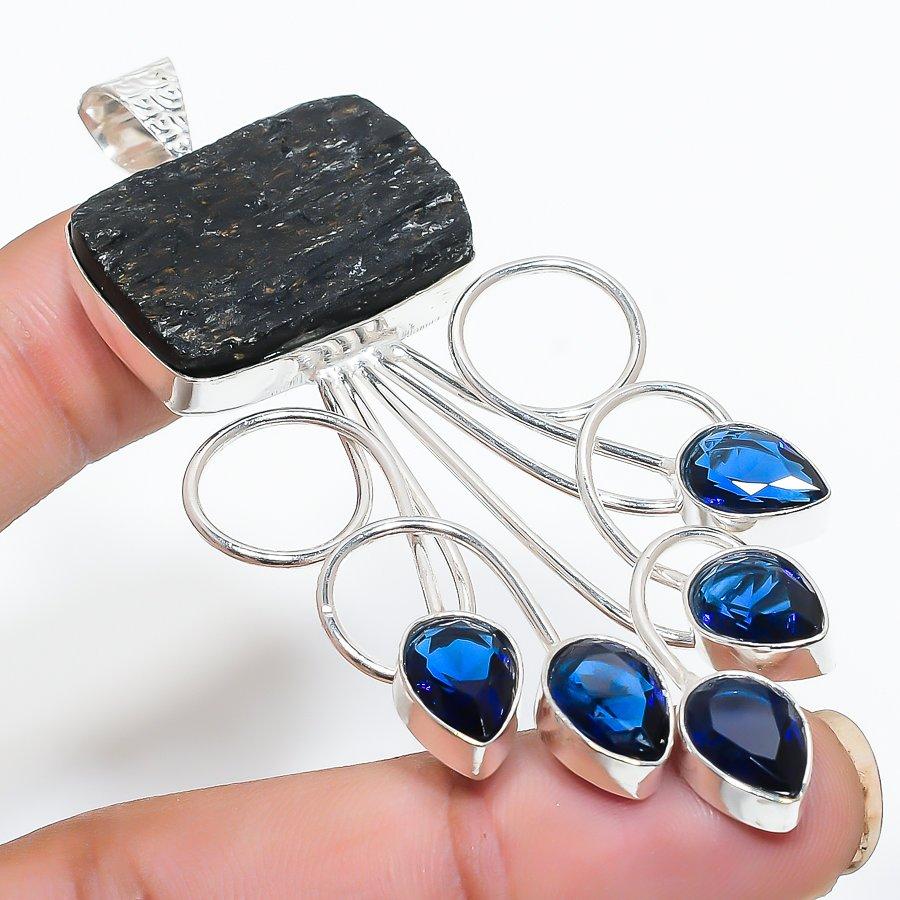 

Black Tourmaline, Blue Topaz Gemstone Handmade Jewelry Pendant 3.15 SR-10891