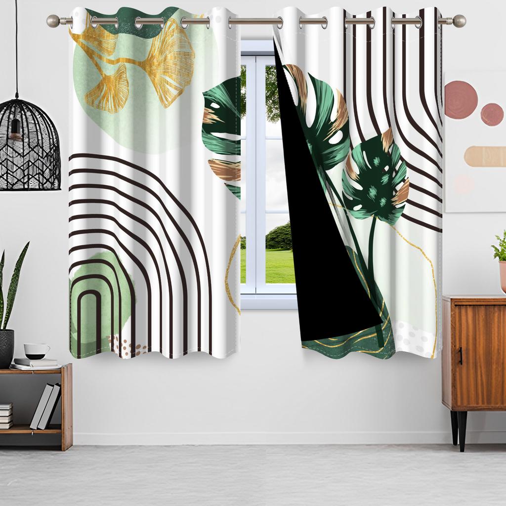 2pcs Nordic Style Blackout Curtains Green Leaves Moon Window Curtains Sun Simple Minimalism Nordic Lines Home Interior Curtains