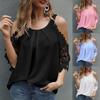 Ladies Top Hollow Lace Sleeves Spring Summer Loose Pure Color Shirt Blouse for Daily Wear