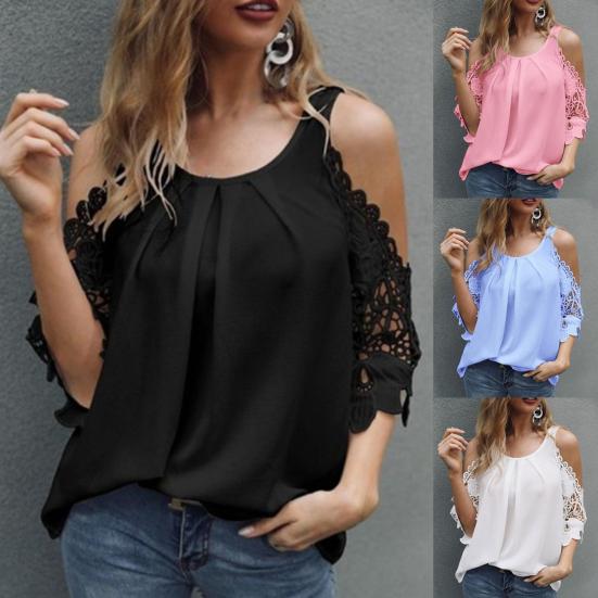 Ladies Top Hollow Lace Sleeves Spring Summer Loose Pure Color Shirt Blouse for Daily Wear