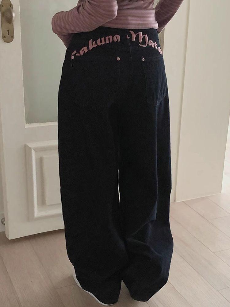 Women's Sweet Casual Full Length Baggy Denim Trouser Retro Emo Harajuku Loose Jeans Letter Embroidery High Waist Y2K 2000s Pants