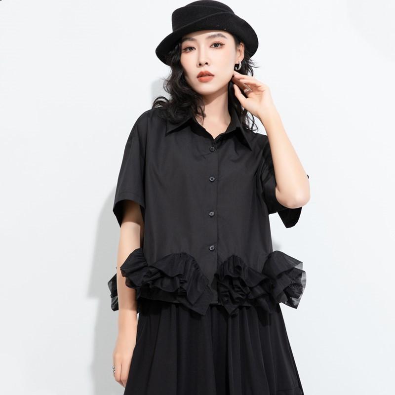 short sleeve oversized cotton mesh vintage black shirts & blouses for blouse Casual loose summer crop tops women button up shirt