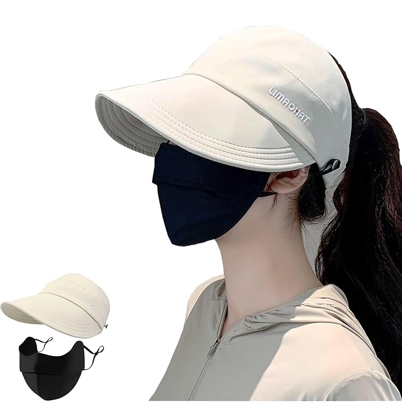 

[Sitengle] sun visor ladies Comes with a cool touch mask hang a mask No ear pain hat wide brim woman visor cap golf spring/summer uv hat foldable size