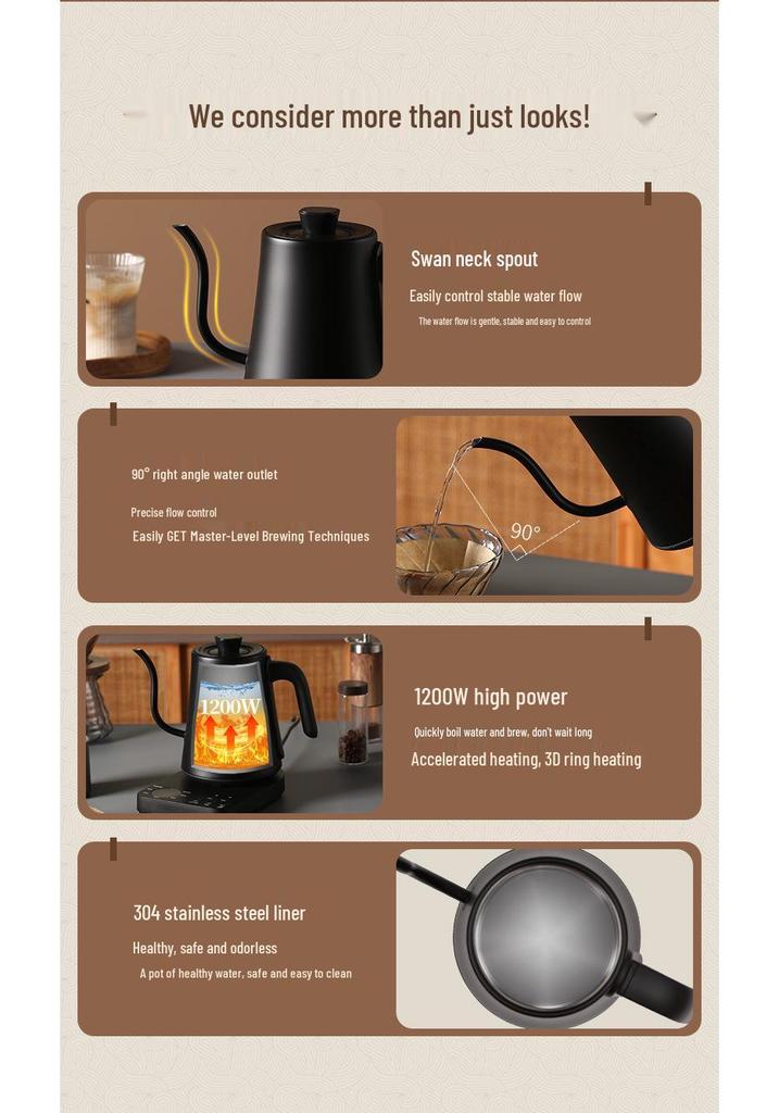 Smart Temperature Control Electric Kettle with Long Spout for Hand Drip Coffee, 110V/220V, Keep Warm Feature