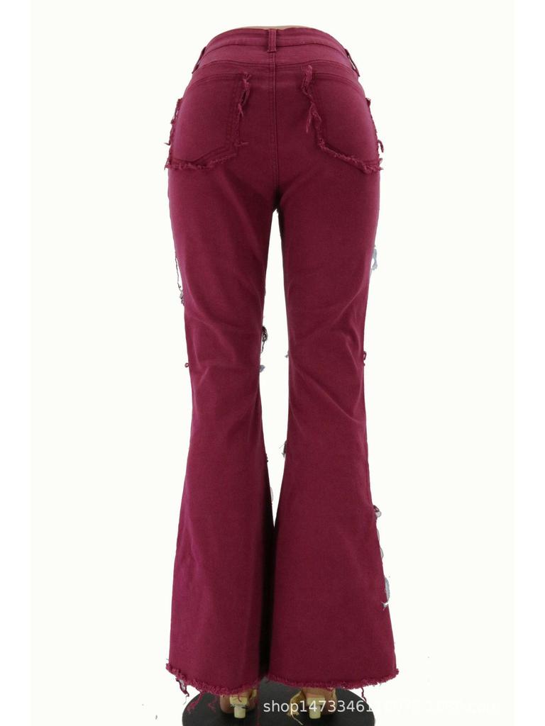 2025 Autumn Color Block Patchwork High Waist Flared Women's Denim Pants