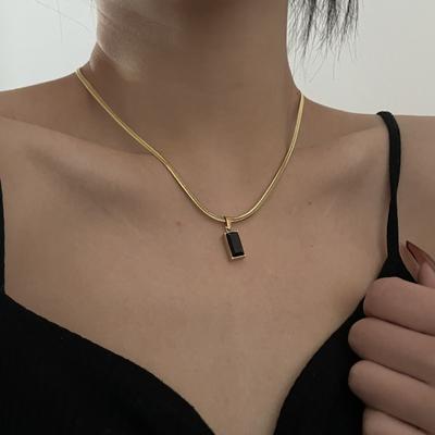 Simple Style Black Rectangular Pendant Titanium Steel Color Preserving Flat Snake Bone Gem Versatile Clavicle Chain Female
