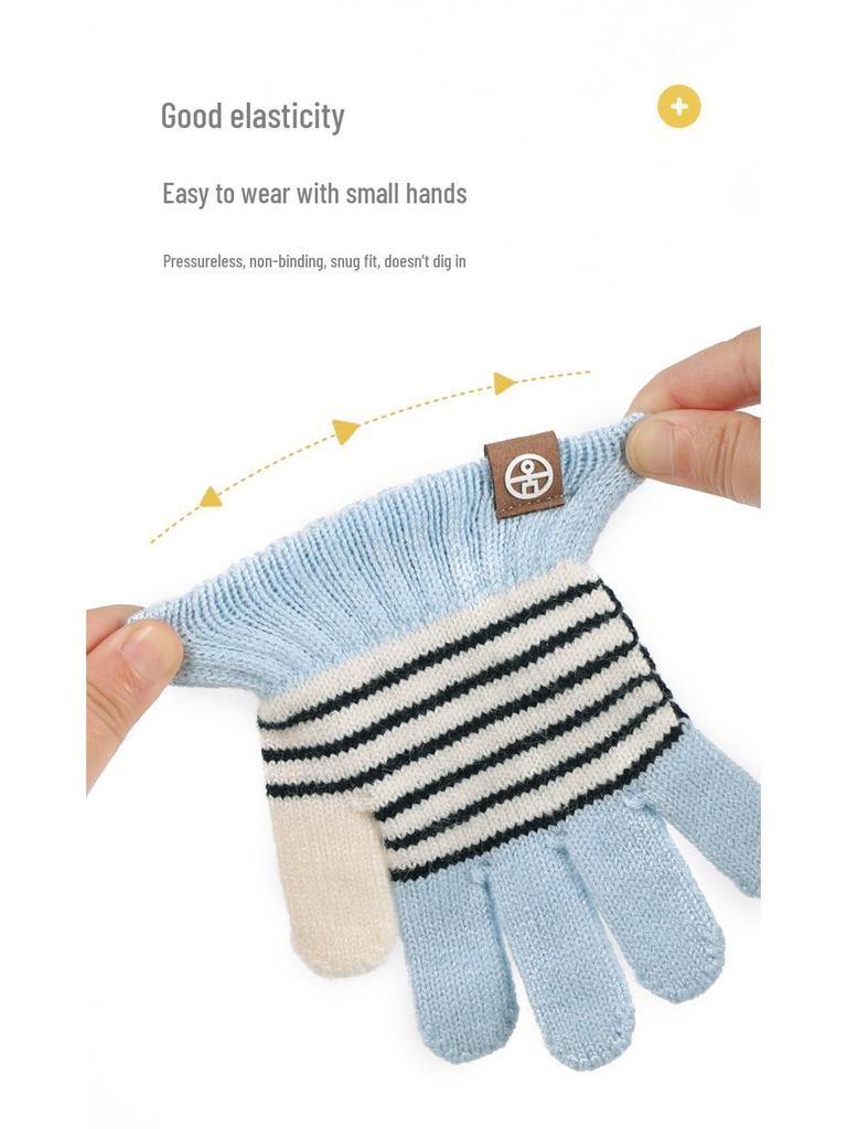 Kinder Pompon Ohrenklappenmütze, Schal & Handschuhe Set - Gestreckt gestrickt für Herbst- & Winterwärme