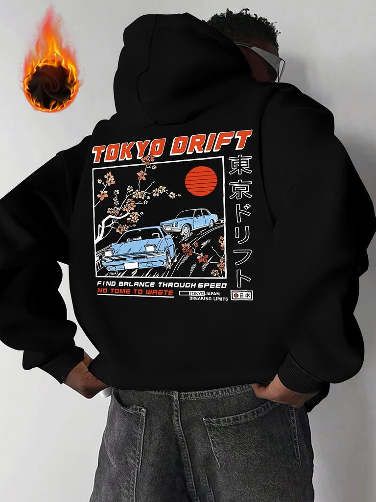 Japanese Racing Trend Men Hip Hop Sports Pullover Vintage JDM Cars Cherry Blossom Sun Mixed Japanese English Text Back Print Daily Hooded Top