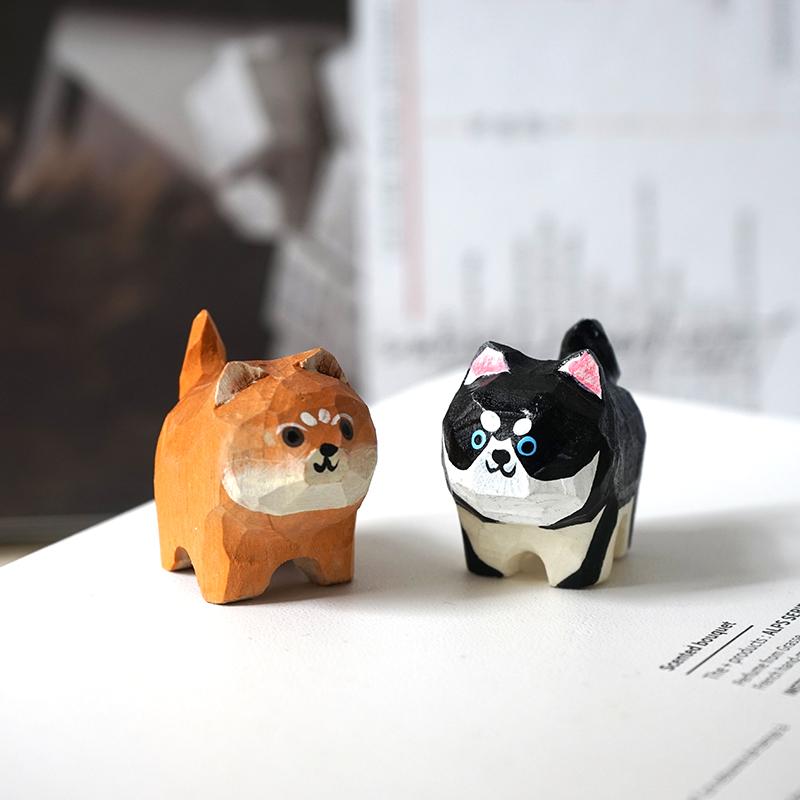 Handmade Wooden Carving Akita Shiba Husky Cute Dog Decor Office Desk Car Ornament