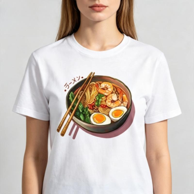 Unisex Cotton Tshirt Noodle Bowl Graphic Tee Aesthetic Food Lover Shrimp Egg Noodles Art Casual Crew Neck Short Sleeve Tops