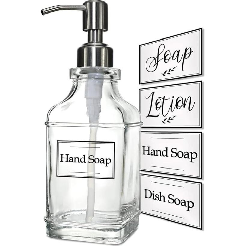 JASAI 2Pack Antique Design Glass Soap Dispenser with Rust Proof 304 Stainless Steel Pump, Refillable Hand Soap Dispenser with 10Pcs Stickers, Premium