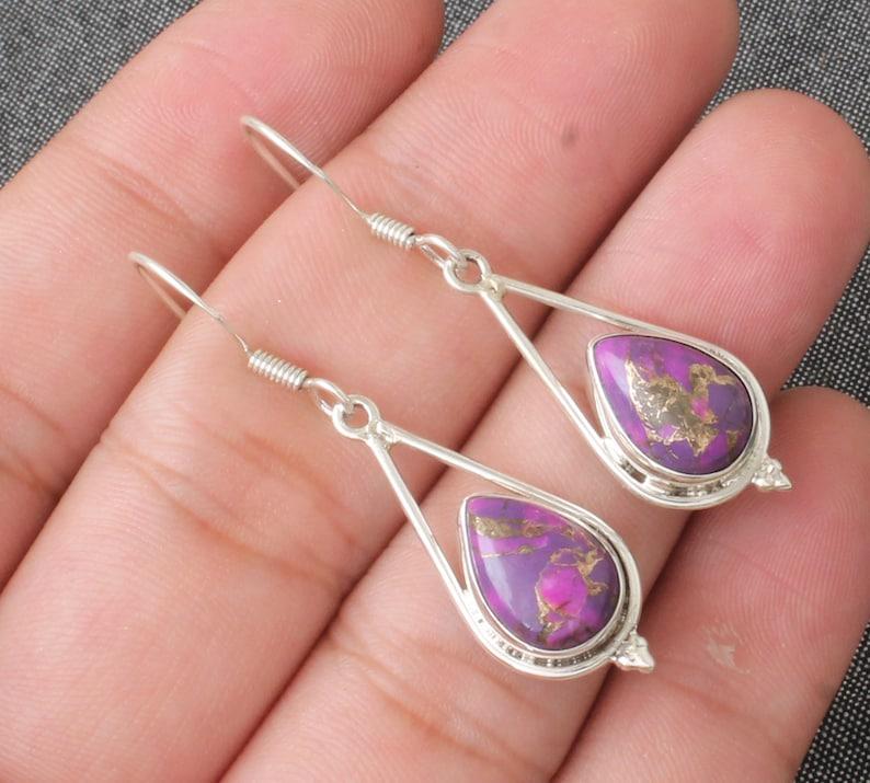 

Solid 925 Sterling Silver Purple Copper Turquoise Gemstone Women Dangle Handmade Designer Earring Gift For Her