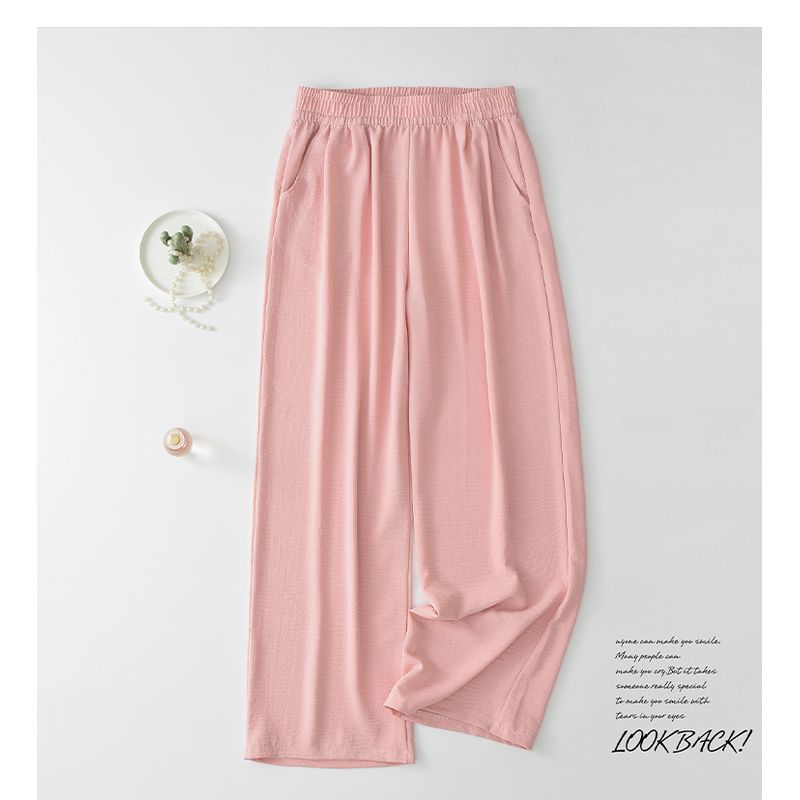 

High Waist Drooping Ice Silk Wide-Leg Pants Loose Straight-leg Slim Looking Casual Pants Plus Size Elastic Waist with Pocket Sun Protection Long Pants Light pink 2XL (65.00 kg-75.00 kg recommended