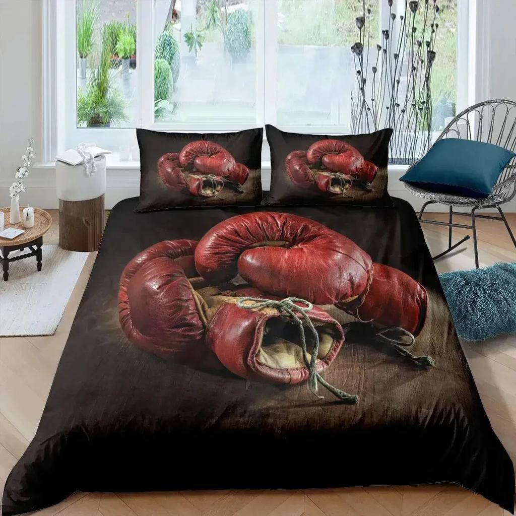 Microfiber Boxing Gloves Athlete Silhouette Queen King Take That Punch Boxing Duvet Cover Sports Games Theme Twin Bedding Set