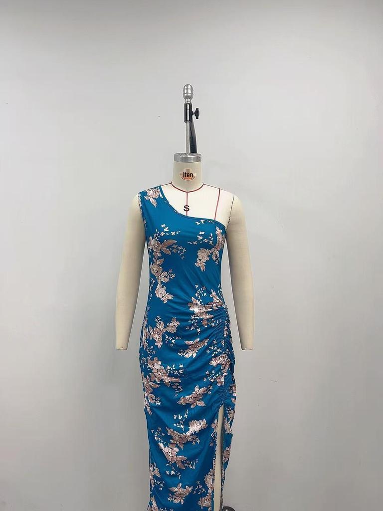 2025 European-American One-Shoulder Bodycon Maxi Dress with High Slit and Summer Print