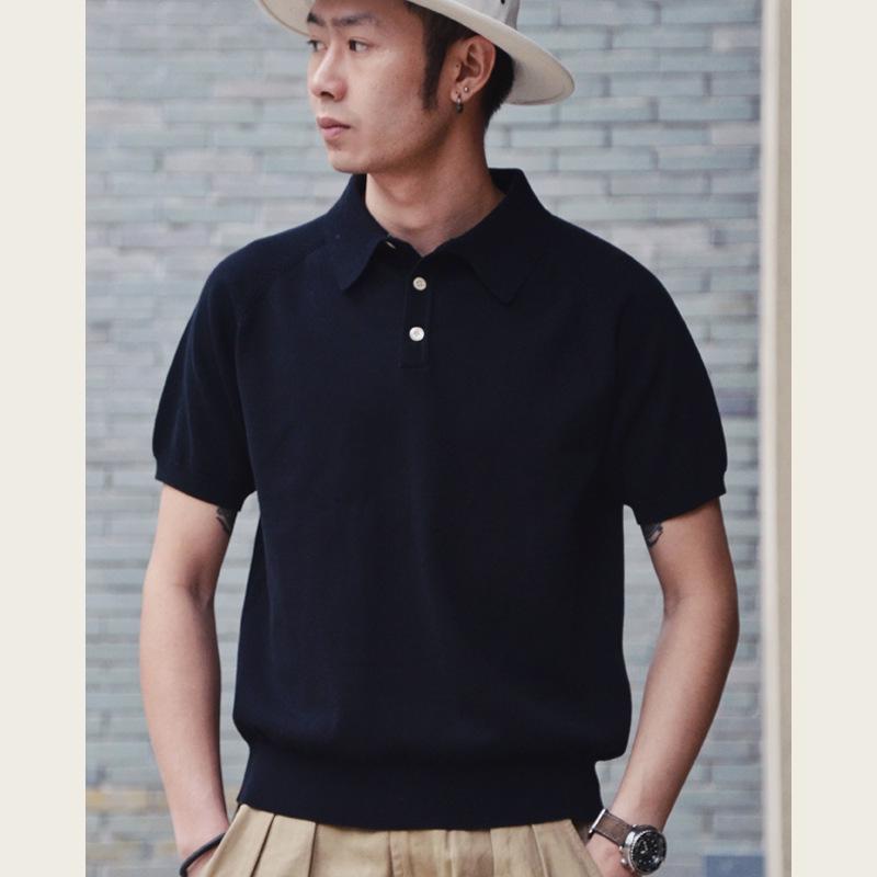 Men's Italian Khaki Knitted Polo Shirt - American Retro Short-Sleeved Cotton Tee for Summer