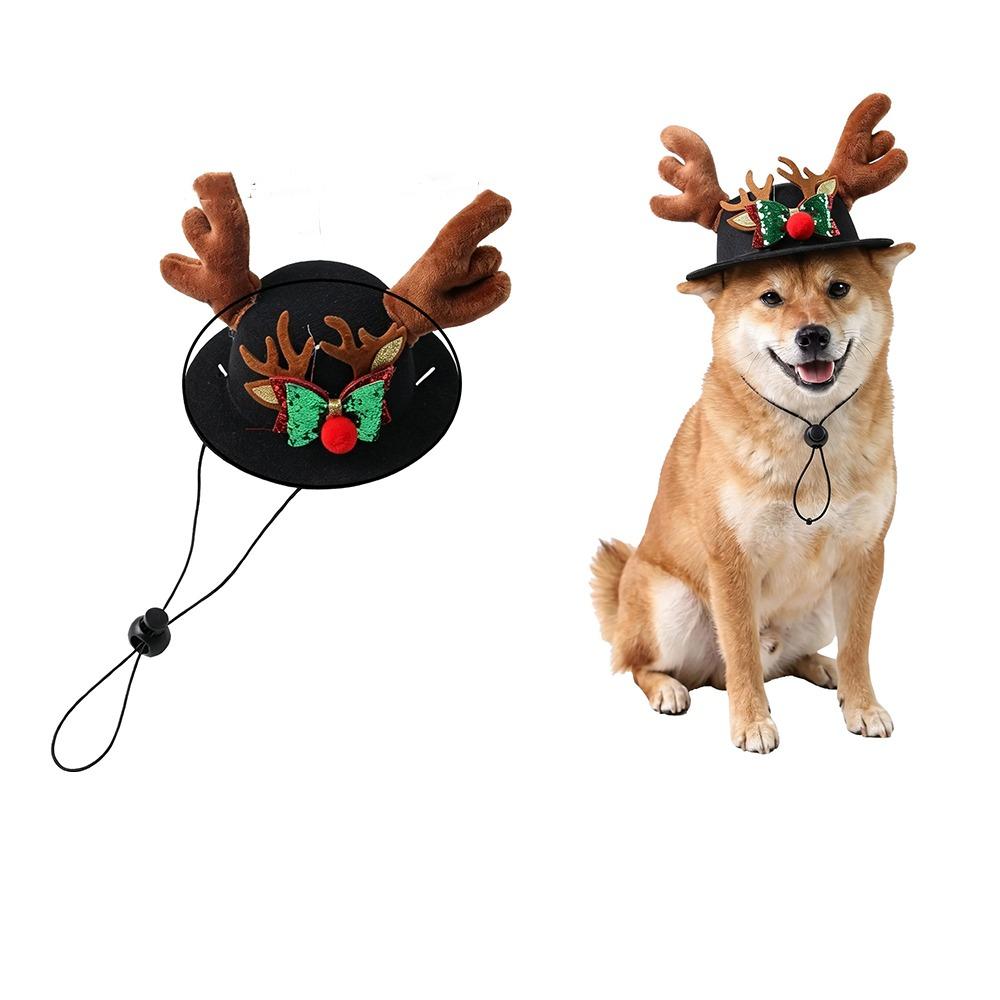 Adjustable Dog Reindeer Antler Cap Soft Plush Dog Xmas Bow Top Hat Xmas Gift