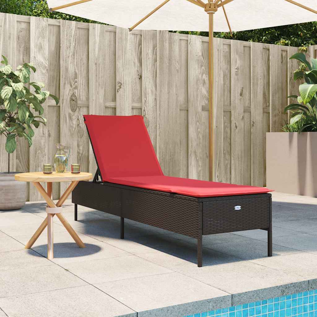Sun Lounger with Cushion Brown Poly Rattan