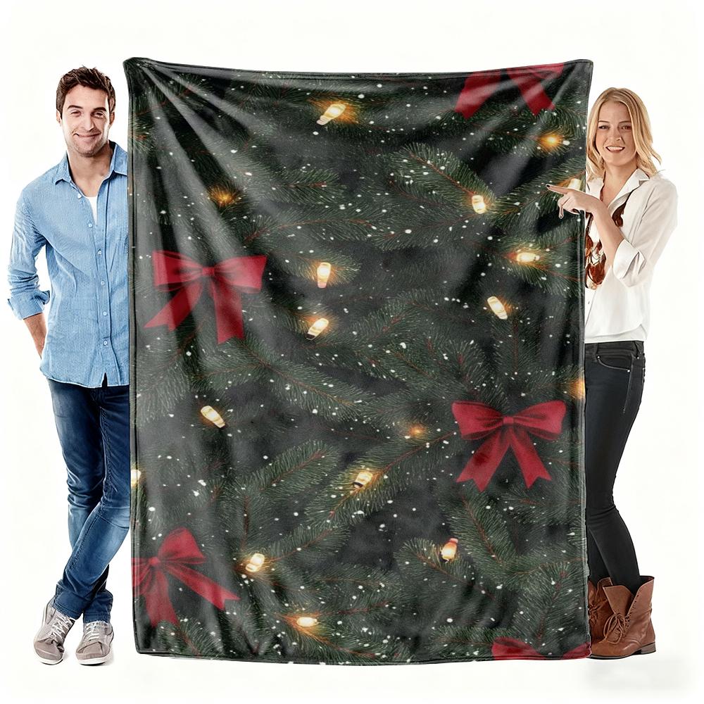 Christmas Tree Lights & Red Bow Fleece Blanket, Festive Snowy Pine Throw Blanket Cozy for Holiday Home Decor & Gift  Portable