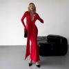 European and American Style Autumn New Women's Clothing Fashion Deep V Long-sleeved Streamer Sexy Hip-wrapped Slim Dress