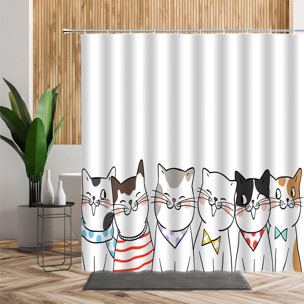 Cartoon Cute Animal Shower Curtain Cat Dog Anime Printed Bathroom Decor 3D Waterproof Bath Fabric Home Curtains For Children