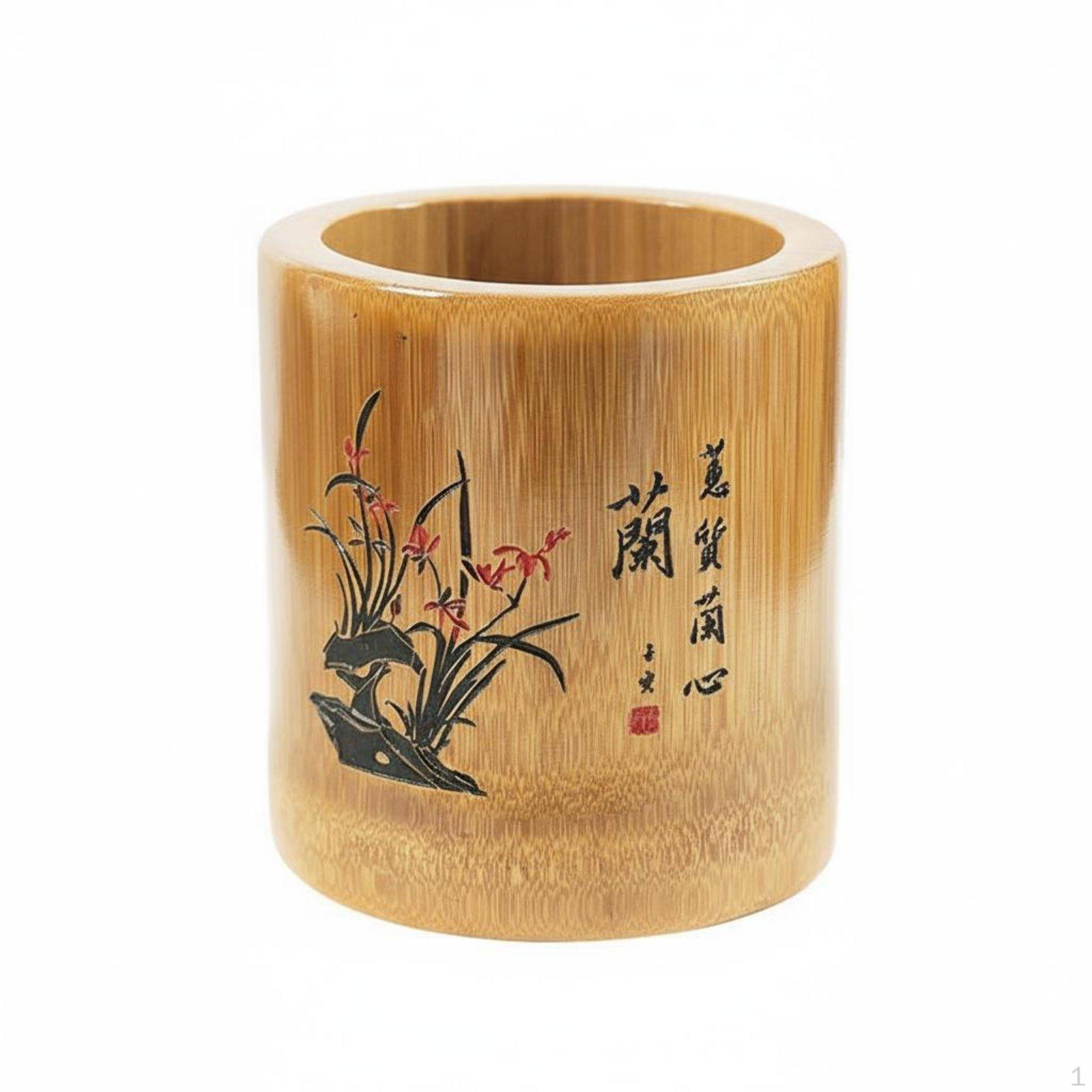 Bamboo Pen Holder Carving Round Organizer Versatile Chinese Design Stationery for