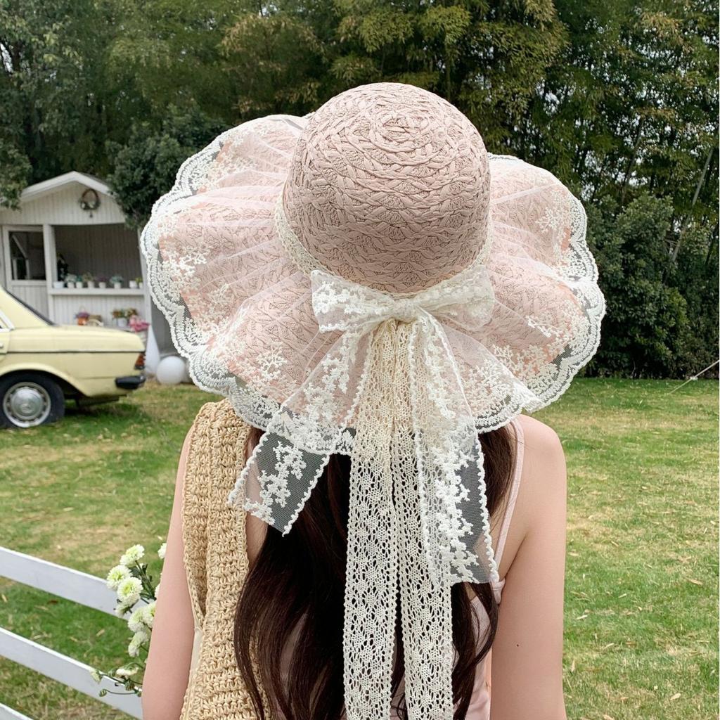 Summer Seaside Beach Outdoor Straw Hat Women'S Lace Bow Sunshade Sun Protection Hat Uv Protection Sun Straw Hat