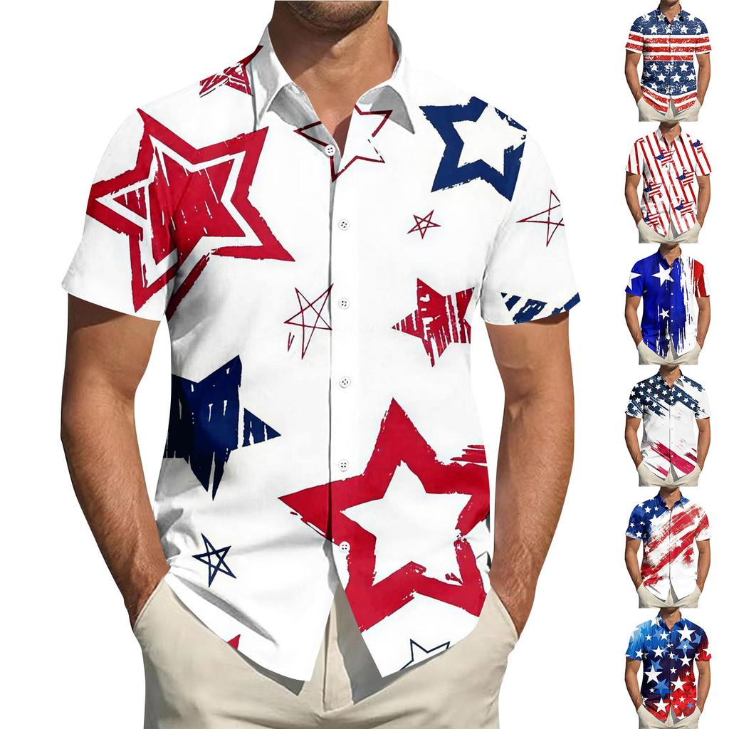 Men's Independence Day Printed Collared Top Men's Casual Sports Short-Sleeve Shirt
