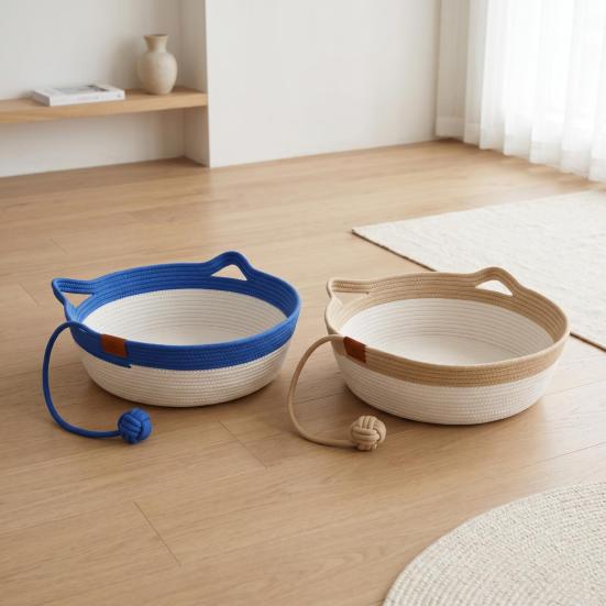 Cat Bed Basket Cotton Rope Woven Pet Bed Breathable Cat Ear Pet Sleeping Basket with Ball Toy for All Seasons Medium Large Cats