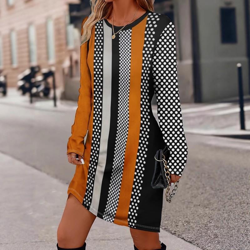 Womens Heart Print Round Neck Long Sleeve Plaid Patchwork Midi Dress Elegant Casual Office Wear