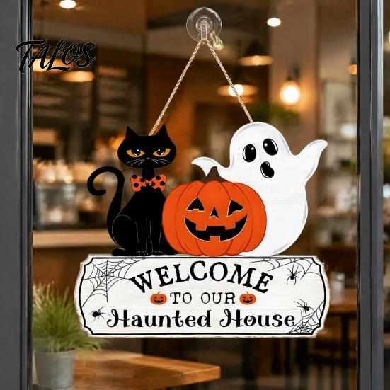 Holiday Home Entrance Ornaments Halloween Wood Welcome Door Sign, Pumpkin Ghost Black Cat Hanging Decor for Wooden Sign Front Door, Rustic Farmhouse