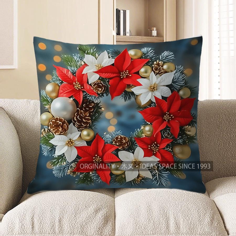 Home Decor Christmas Wreath Floral Pillow for Home Decor Pattern Cushion Cover Suitable for Sofa Bedroom Car Pillow Cover