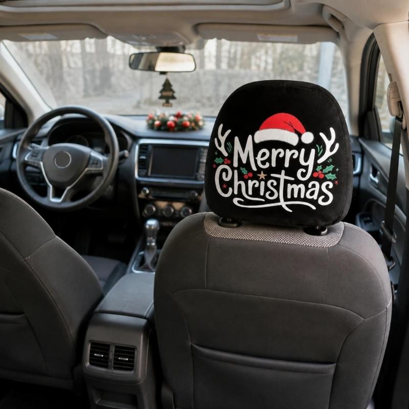 Holiday Car Headrest Cover Set, Slip On Polyester Fabric Washable for Christmas Cabin Style, Daily Driving, and Family Cars