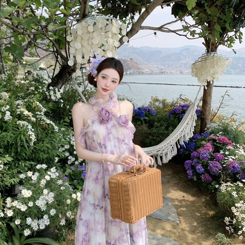 Romantic Seaside Vacation Dress Three-dimensional Flower Purple Floral Dress Halter Neck Beach Dress Long Dress