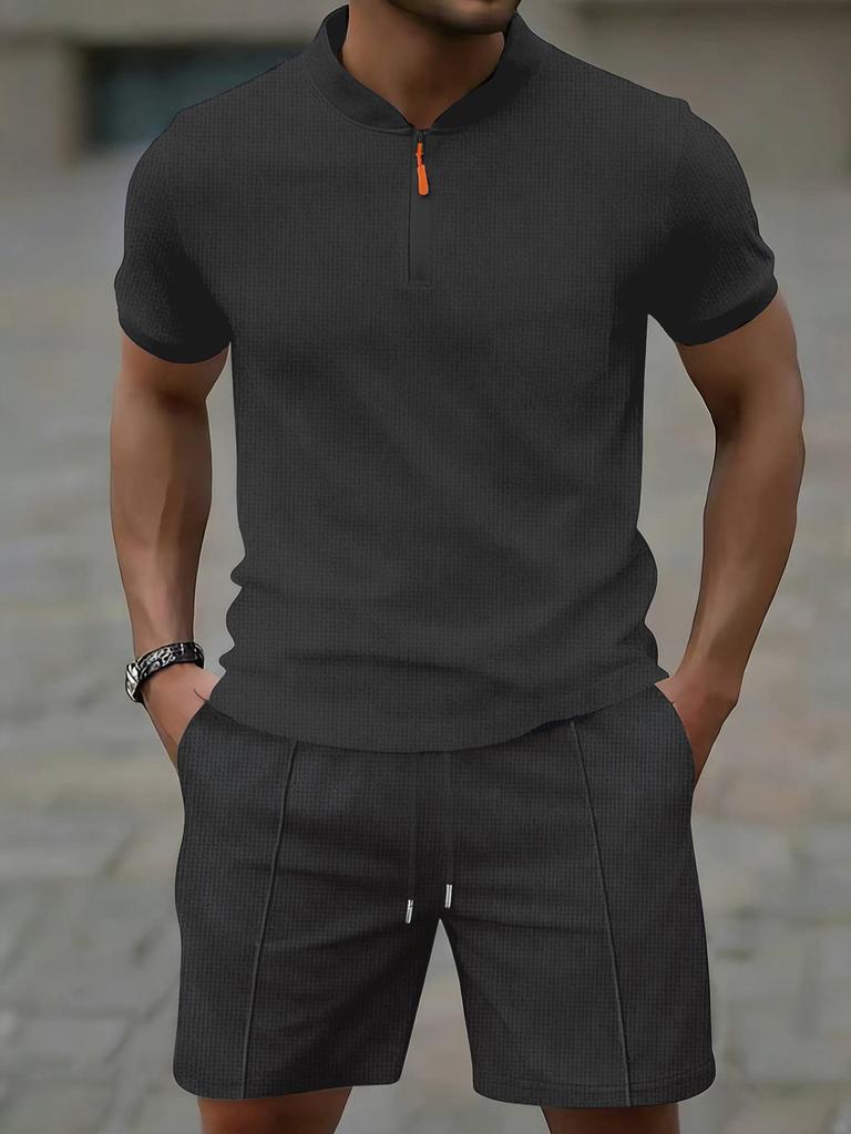 Men's Casual Waffle Half-Zip Short Sleeve Shorts Set - European & American New Style