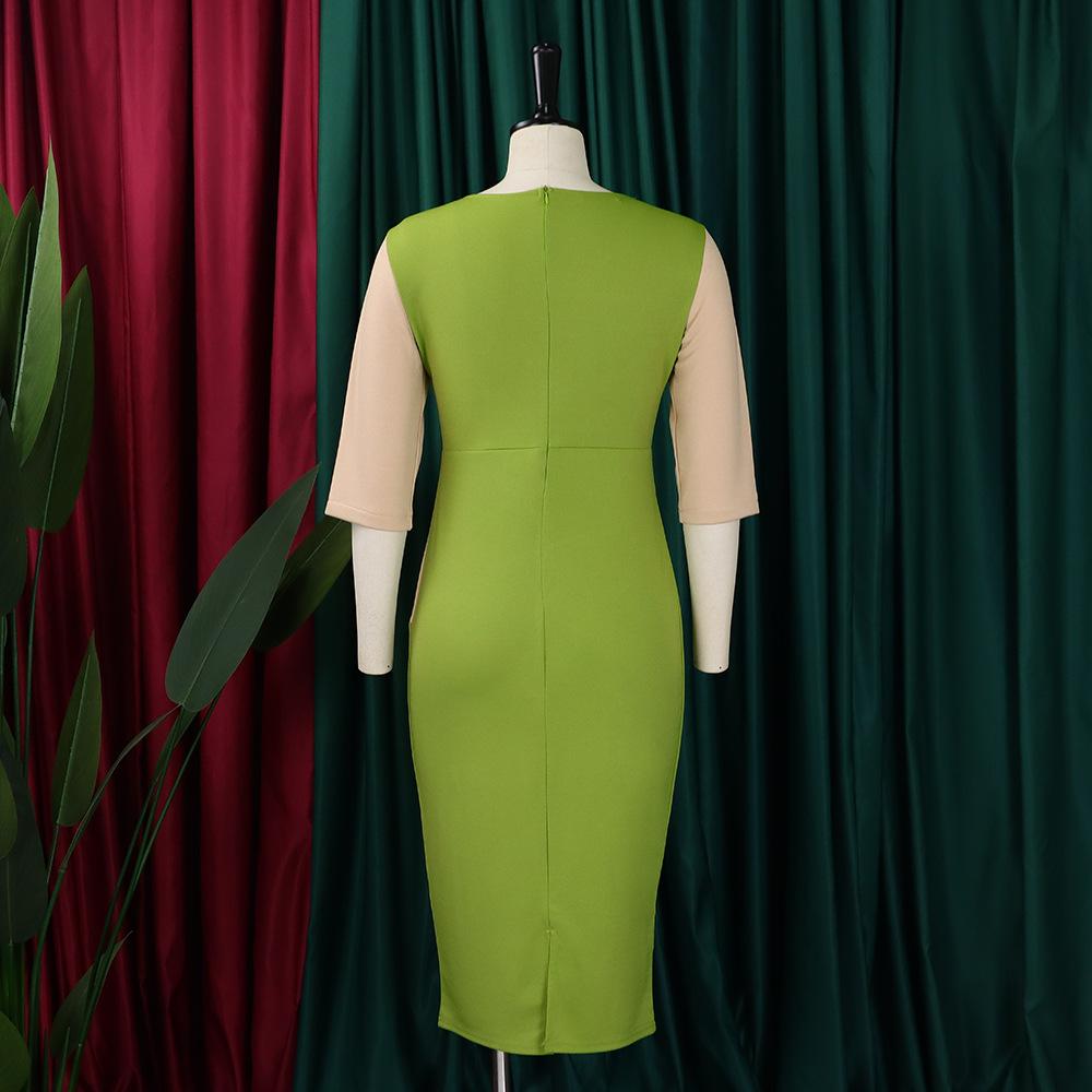 Large Size Women Spring Autumn Fashion Patchwork Dress Ladies One Piece Medium Sleeves Slit Sheath Dress