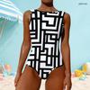 Women Plus Size High Round Neck Sleeveless One Piece Geometric Printed Swimsuit