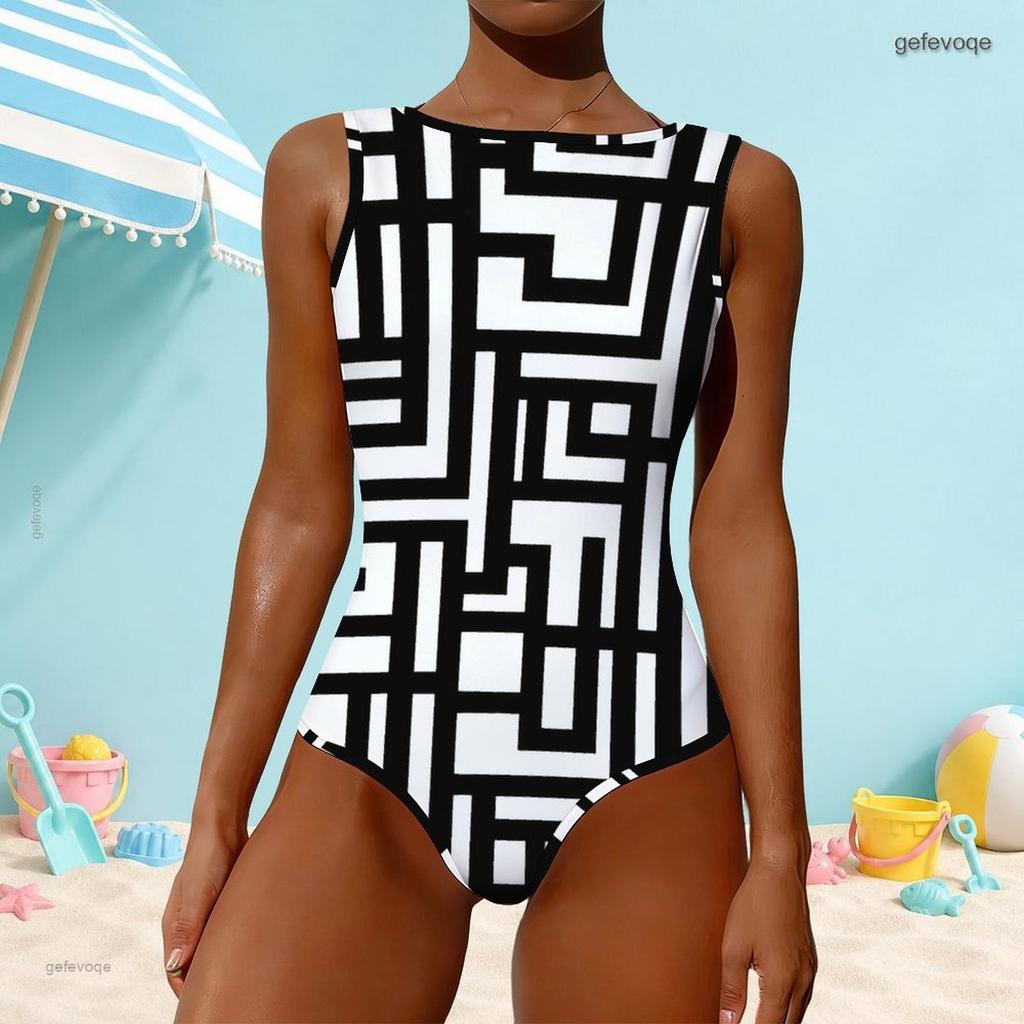 Women Plus Size High Round Neck Sleeveless One Piece Geometric Printed Swimsuit
