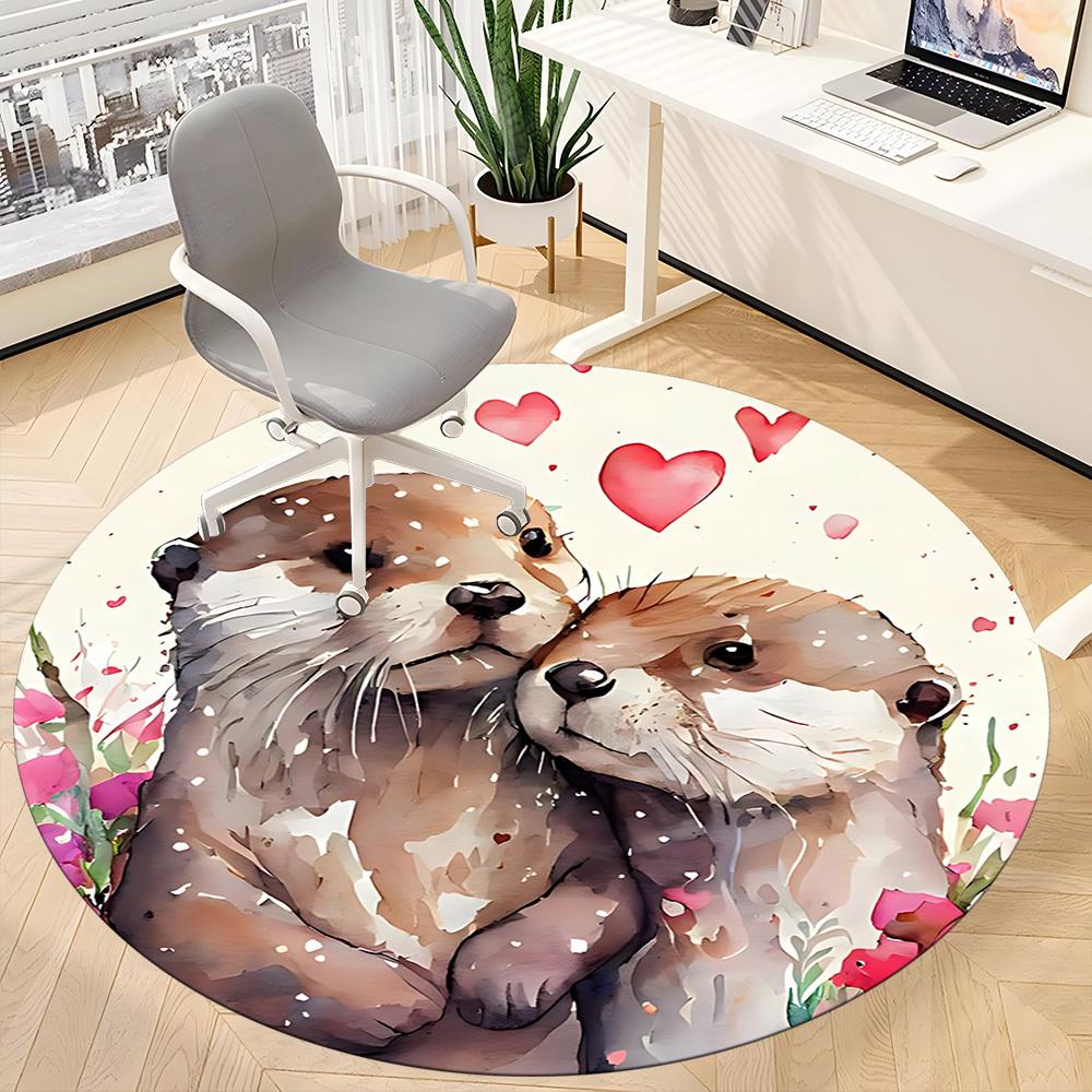 1pc Otters Love Office Round Area Rug, Mat Suitable ForOffice, Under Office Chairs Bedroom Living Room Home Decor, Room Deco