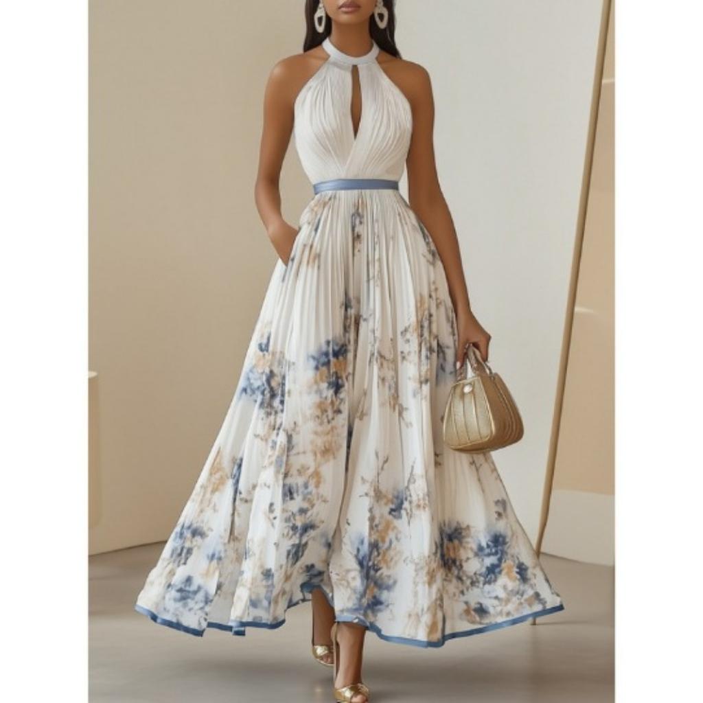 European American Women's Dress, V Neck Sleeveless Pleated Long Dress, Digital Print Casual Summer Dress